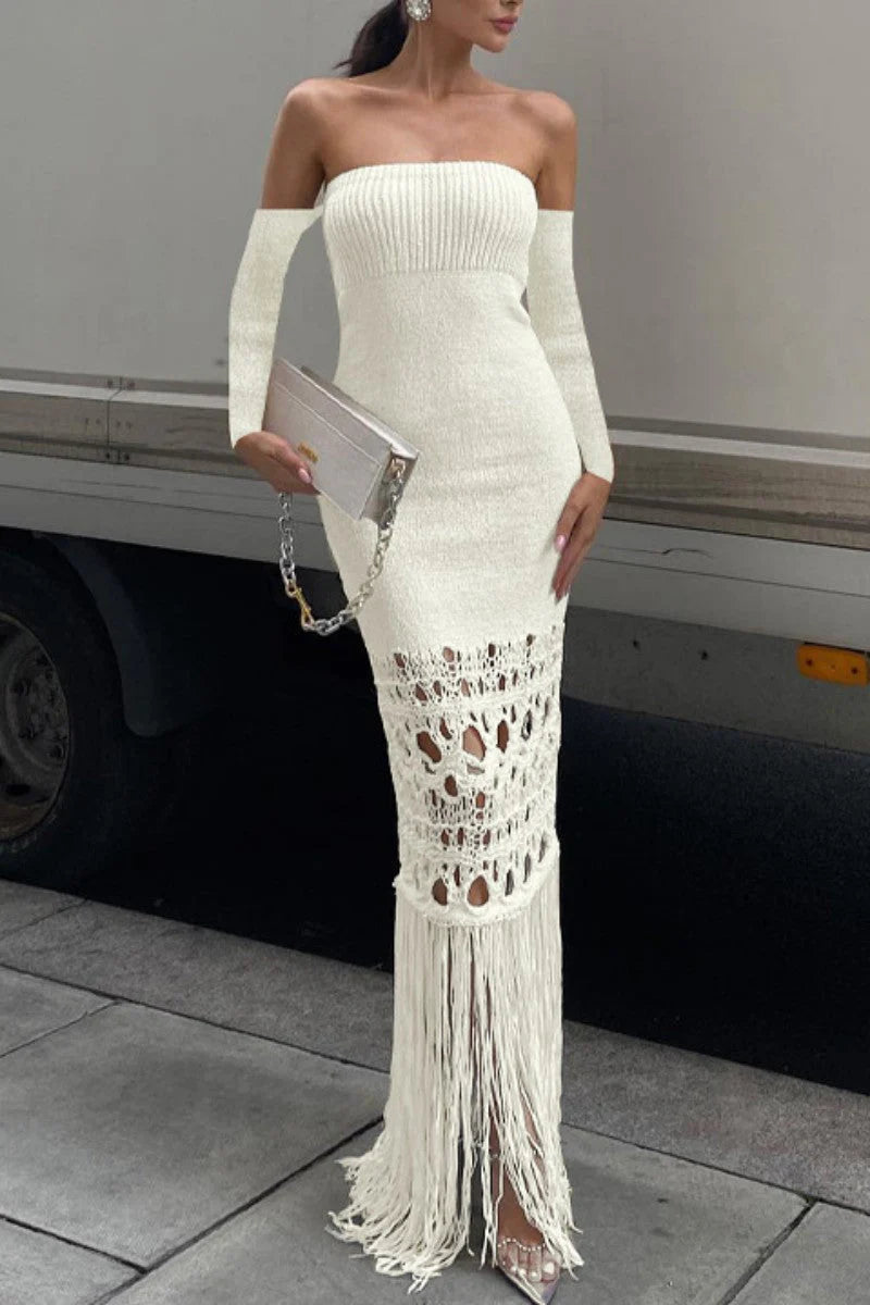 Sexy Casual Solid Tassel Hollowed Out Backless Off The Shoulder Long Dress Dresses