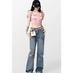 Graduation Gift Summer Women'S Wear Blouse Korean Lace Pink Women Shirt 2023 New Short Sleeve Lace Satin Panel Shirts Sexy Female Cropped Tops