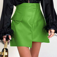 High Waist Seamed Trim Vegan Mini Skirt - Green