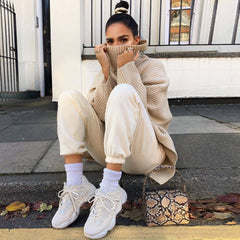 Simple Rib Split Hem Turtleneck Pullover Sweater - Khaki