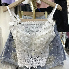 Pydshop Women Clothing Heavy Beading Floral Tank Sexy Crop Tops Ropa Mujer Lace Butterfly Top Navel Baring Sexy Cropped Top Summer Camis