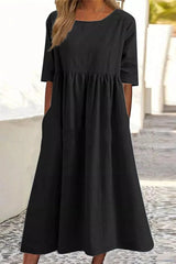 Women'S Casual Solid Half Sleeve Pleated Pocket Cotton Dress(9 Colors)