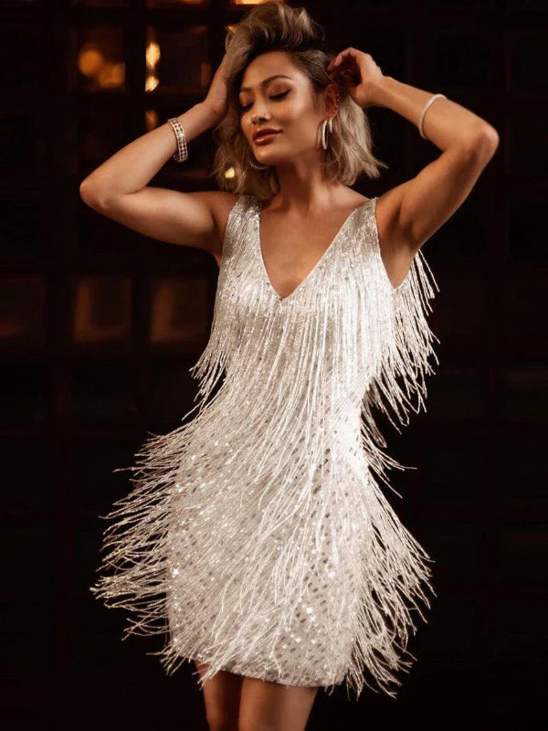 V-Neck Sleeveless Fringed Mini Dresses