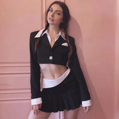 Preppy Contrast Crop Blazer Pleated Mini Skirt Matching Set - Black