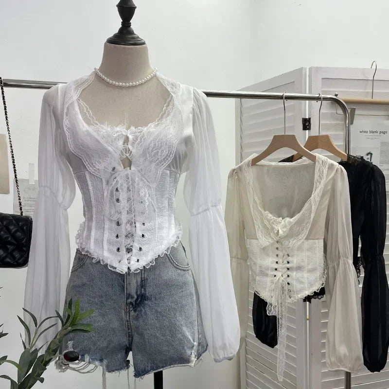 Pydshop Women Retro Lace Up Hollow Out Long Sleeve Top Sexy Slim Fitting Tie Waist Fishbone Shirt Y2K Palace Style Partyclub Streetwear