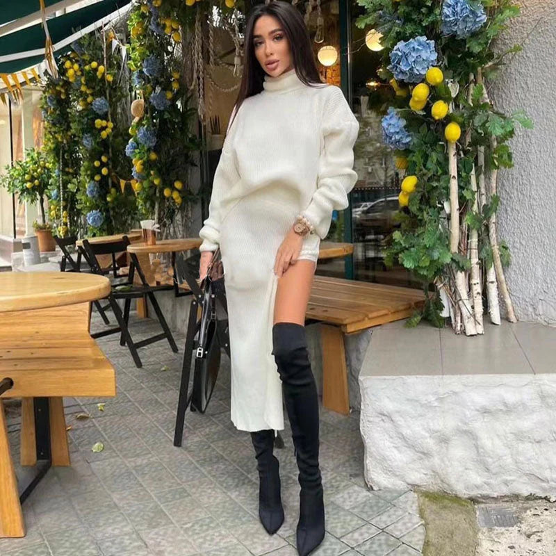 Turtleneck Sweater High Split Midi Skirt Matching Set - White