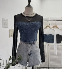 Pydshop Women Street Fake Two Piece Denim Splicing Mesh Long Sleeve Slim Fit Crop Top Y2K Top Casual Holiday Partyclub Streetwear 2623