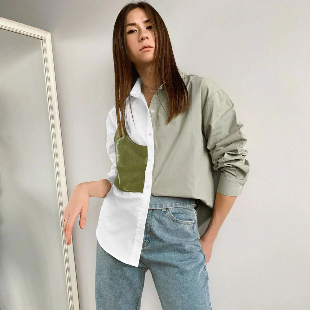Contrast Color Panel Trim Long Sleeve Shirt - Green