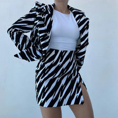 Zebra Print Blazer Split Mini Skirt Matching Set - Black