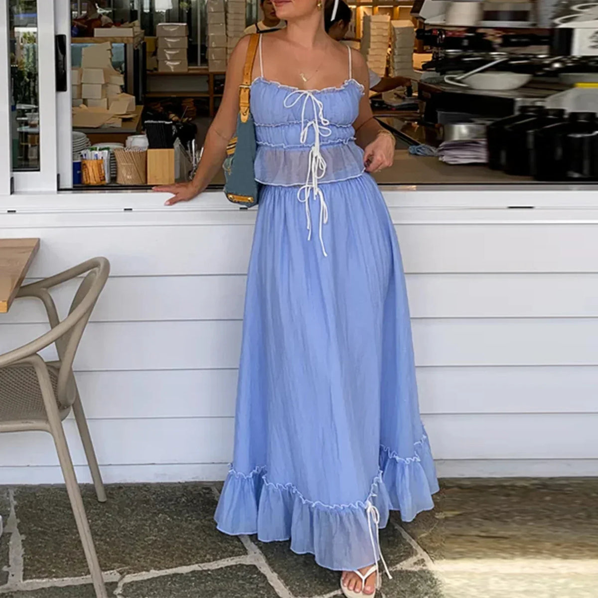 Pydshop Fairy Vintage Outfits Streetwear Elegant Holiday 2 Piece Ruffles Front Tie Up Crop Top Camis + High Waist A-Line Maxi Long Skirt