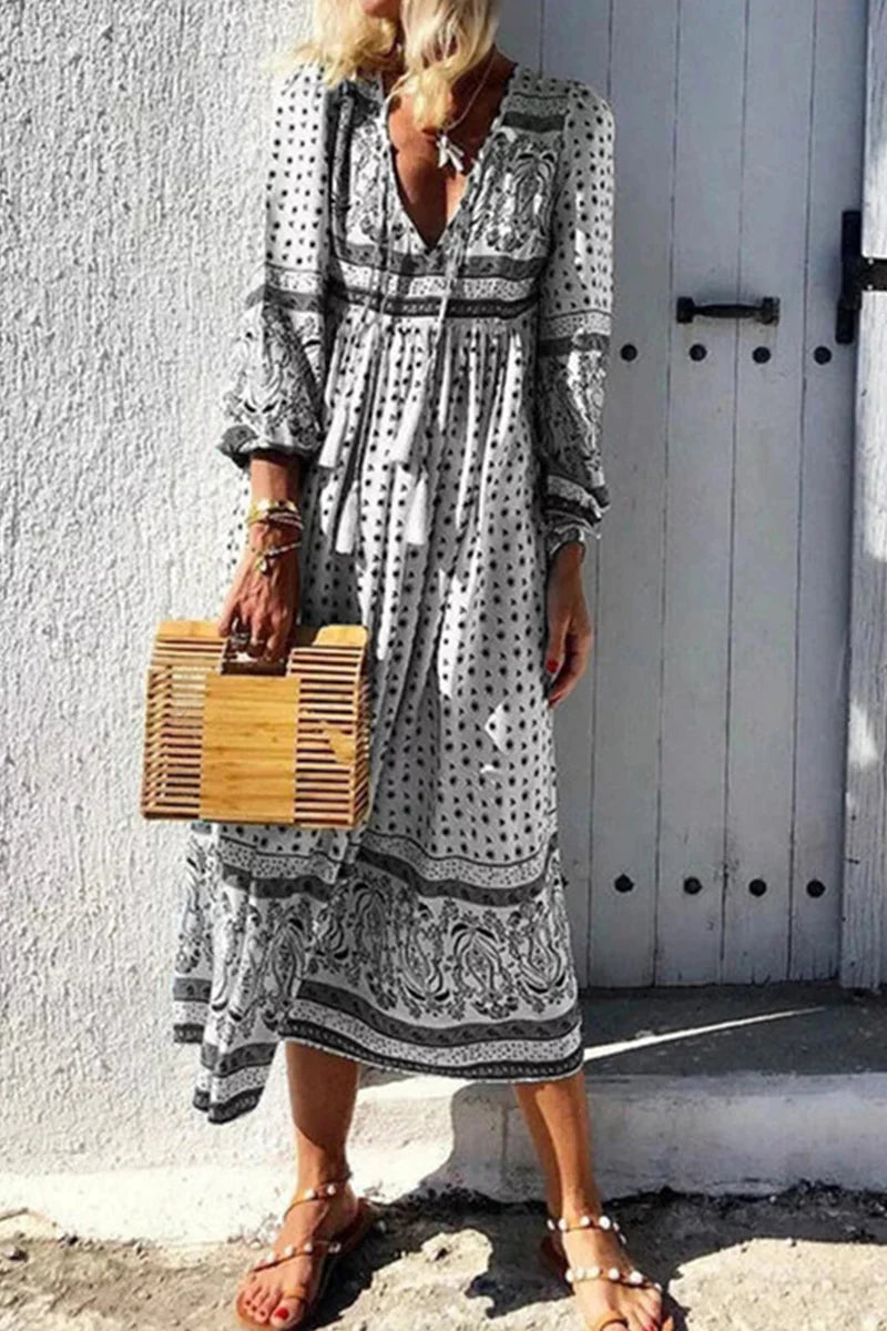 Fashion Print V Neck Cake Skirt Dresses(3 Colors)