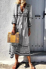 Fashion Print V Neck Cake Skirt Dresses(3 Colors)