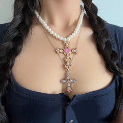 Cross Diamond Pearl Necklace