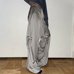 Whimsical Low Waist Satin Wide Leg Baggy Pants - Gray