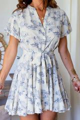 Daily Elegant Landscape Printing Lace Up V Neck A Line Dresses