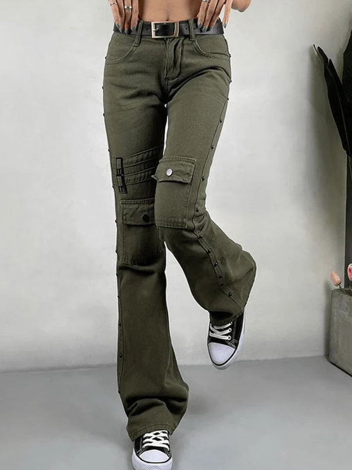 Metal Decor Washed Flare Jeans