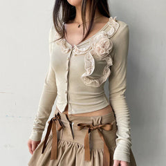 Pydshop 2024 Fashion Woman Tops Y2K Style Sweet Slim Floral Ruffles Buttons V Neck Top