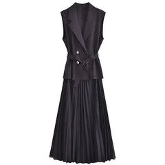 Classy Pleated Black Belted Office Work Dresses