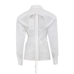 Shoulder Pad Pointed Collar Tie String Blouse - White