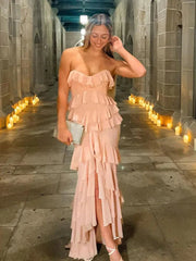 Pink Strapless Ruffle Maxi Dresses