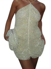 Beaded Halter Mini Dress