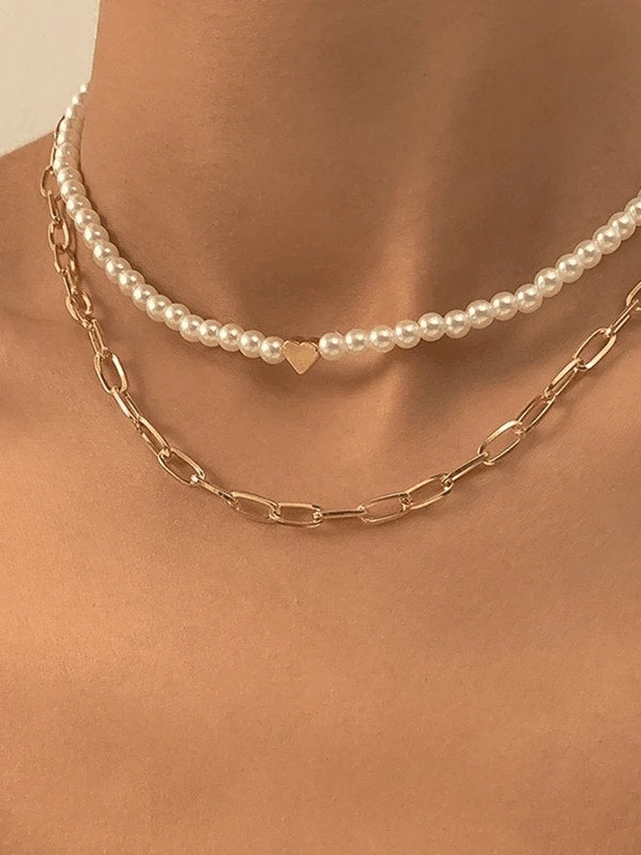 2Pcs Heart Pearl Necklace