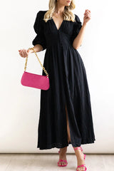 Elegant Buttons Patchwork V Neck A Line Dresses(3 Colors)