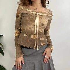 Pydshop Fairy Grunge Floral Off Shoulder Lace Top
