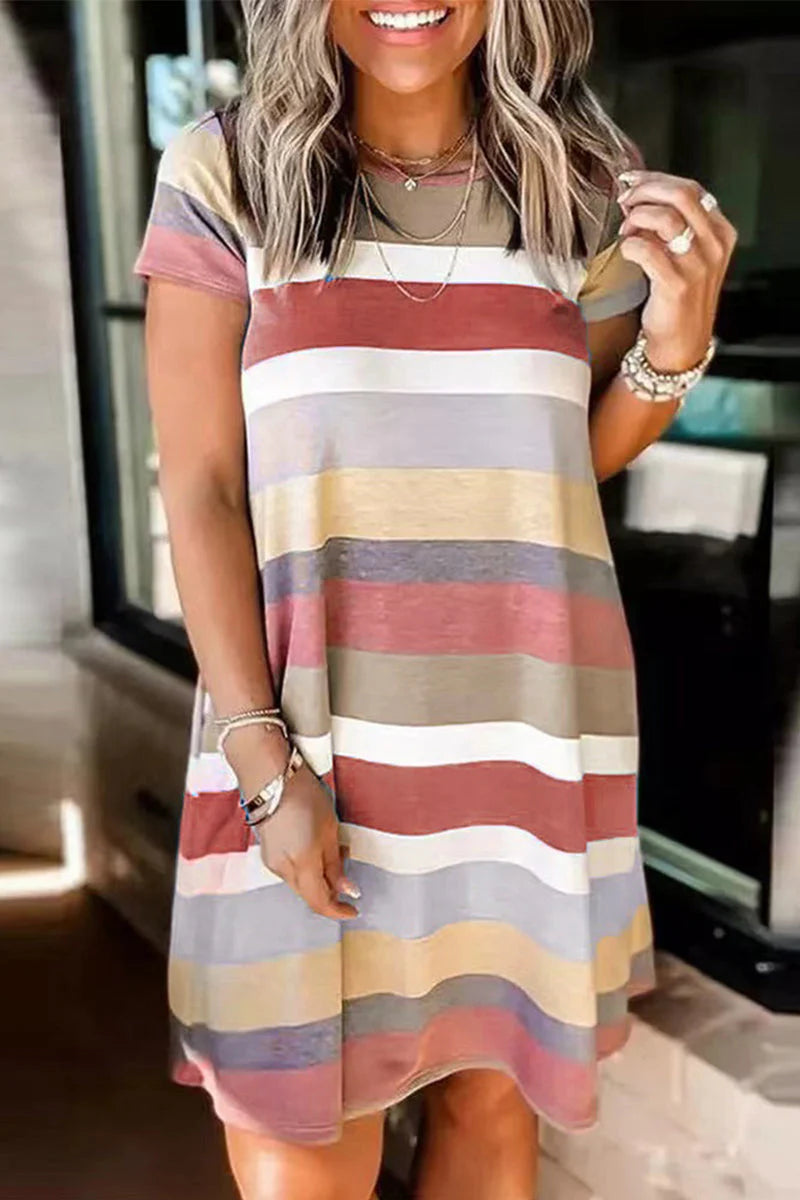 Casual Street Striped Patchwork Pocket O Neck T-Shirt Dress Short Sleeve Dress(5 Colors)