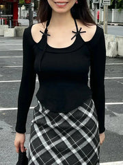 Pydshop 2024 Fashion Woman Tops Y2K Style Cute Slim Halter Bow Cropped Top