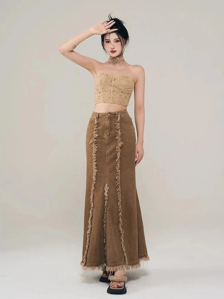 Rustic Fringed Denim Maxi Mermaid Skirt