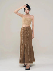 Rustic Fringed Denim Maxi Mermaid Skirt
