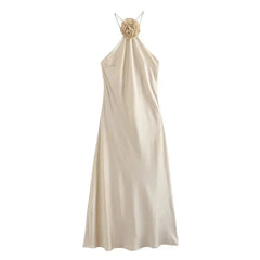 3D Flower Halter Off-The-Shoulder Satin Dress