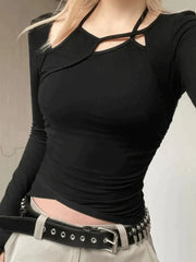 Irregular Cutout Black Long Sleeve Top