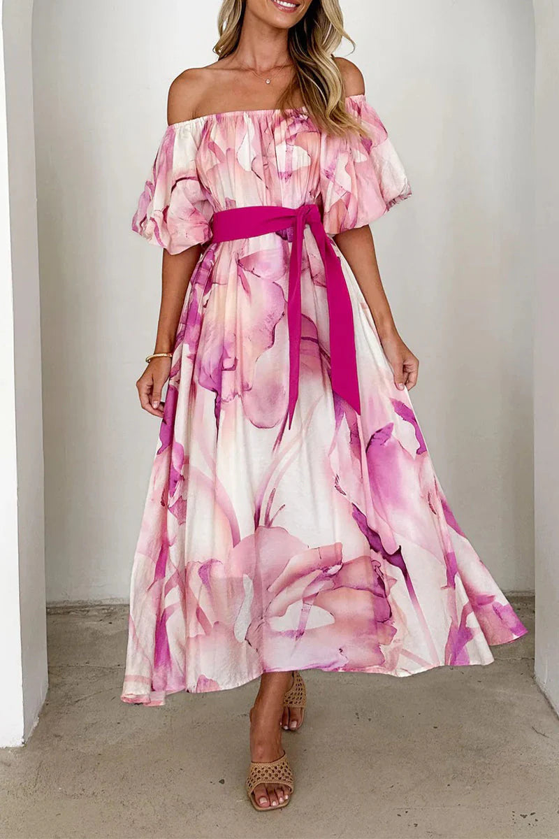 Elegant Floral Print Lace Up Off Shoulder A Line Dresses