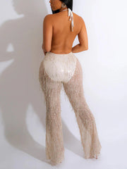 Halter V-Neck Sequin Tassel Jumpsuit