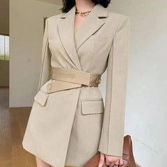 Chic Slim Fit Suit Dress With Blazer & Belt