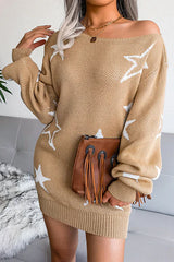 Casual The Stars Draw String  Contrast Off The Shoulder Pencil Skirt Dresses Sweater