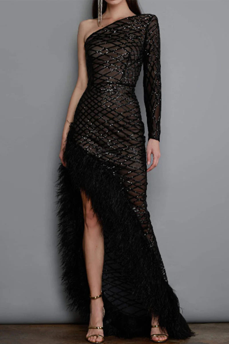 Sexy Party Solid See-Through Feathers Oblique Collar Irregular Dress Dresses