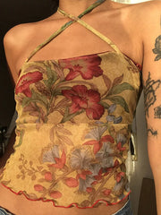 Halter Mesh Floral Crop Cami Top