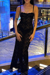 Sexy Solid Lace See-Through Square Collar Wrapped Skirt Dresses