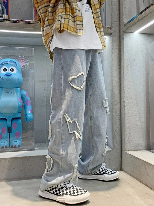 Men'S Heart Patched Straight Leg Jeans