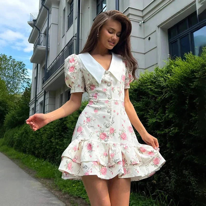Printed Puff Sleeve Ruffle Mini Dress