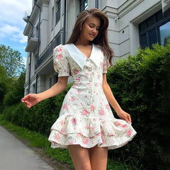 Printed Puff Sleeve Ruffle Mini Dress