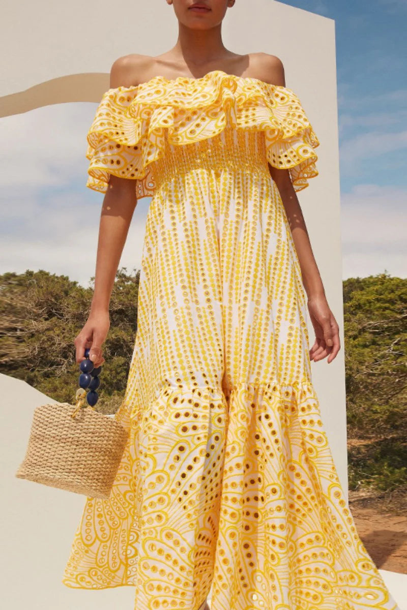 Casual Print Patchwork Off The Shoulder Long Dress Dresses