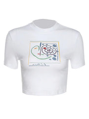Abstract Print Short Sleeve Crop Top