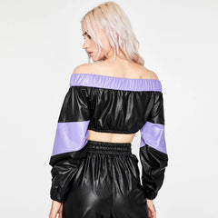 Color Block Off Shoulder Zip Front Crop Top - Black