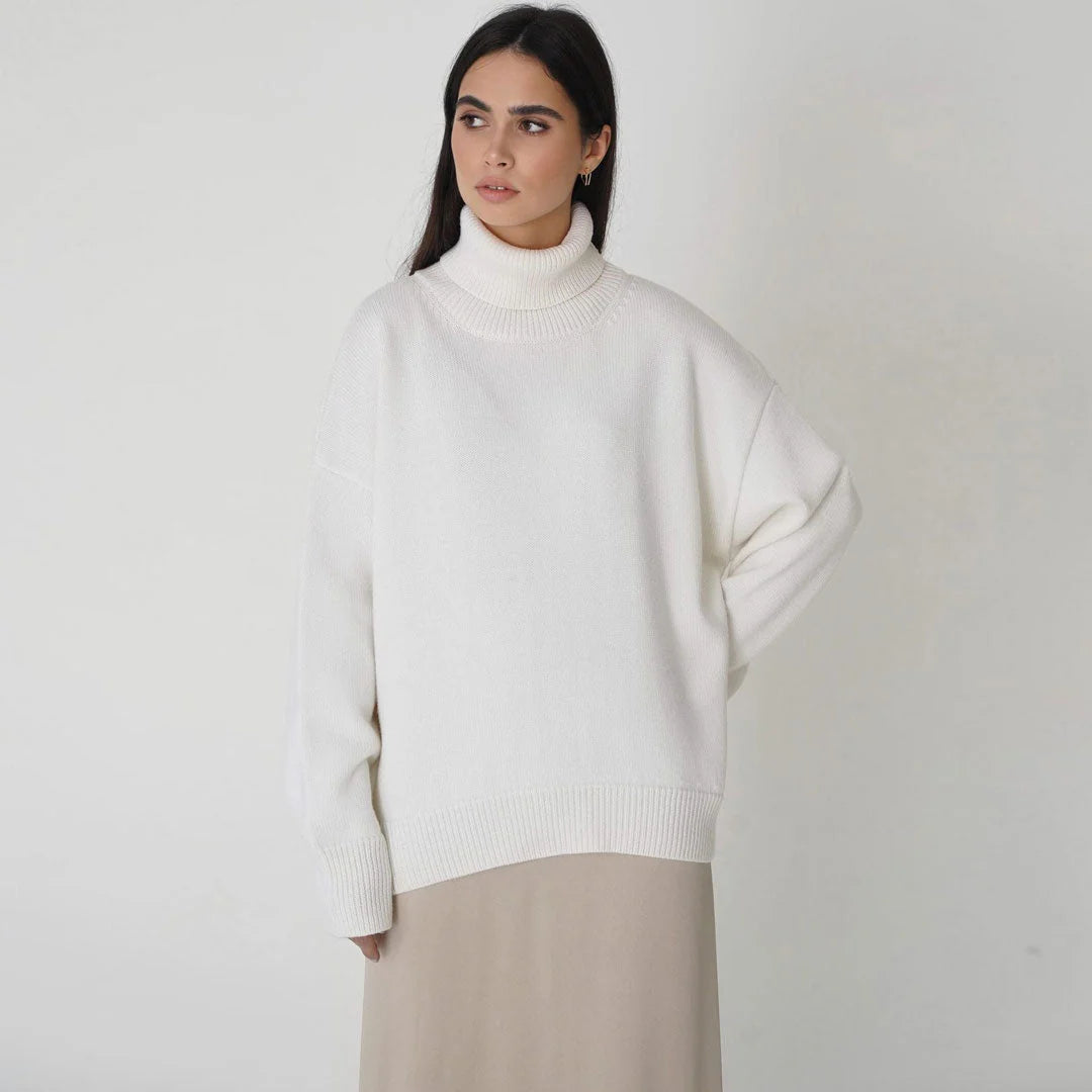 High Low Turtleneck Long Sleeve Sweater - White