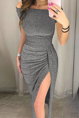 Fashion Elegant Solid Slit Sequined Off The Shoulder Wrapped Skirt Dresses(3 Colors)