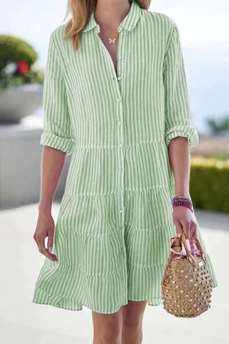 Street Elegant Geometric Draw String Turndown Collar Shirt Dress Dresses(6 Colors)